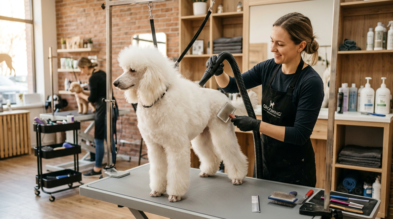 Professional groomer blow-drying a white poodle on a grooming table