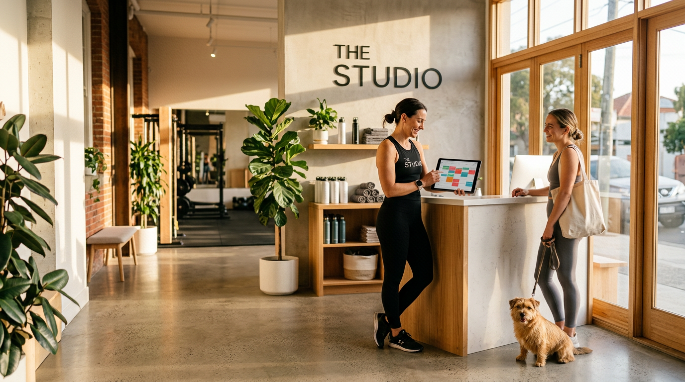 Business owner reviewing new bookings on a laptop in a bright workspace
