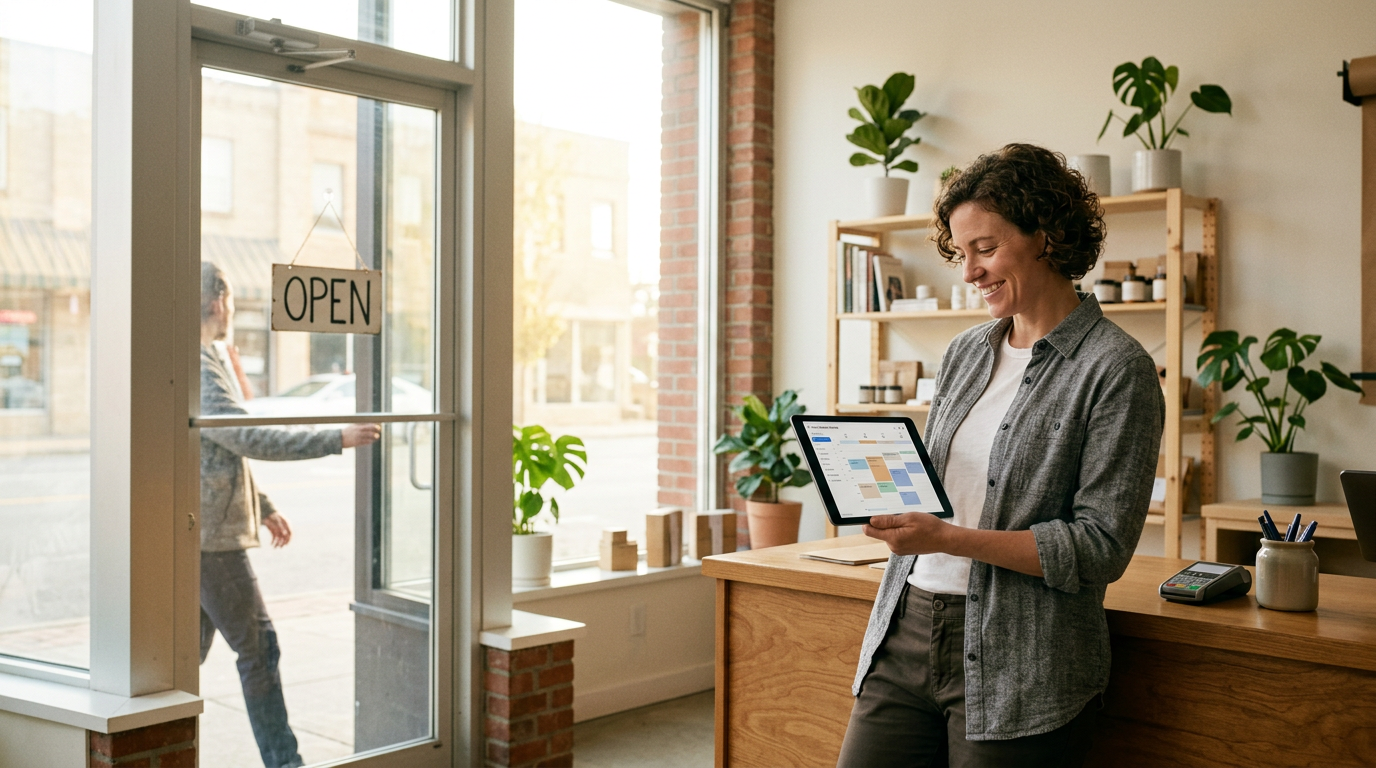 Local business owner reviewing a full appointment calendar